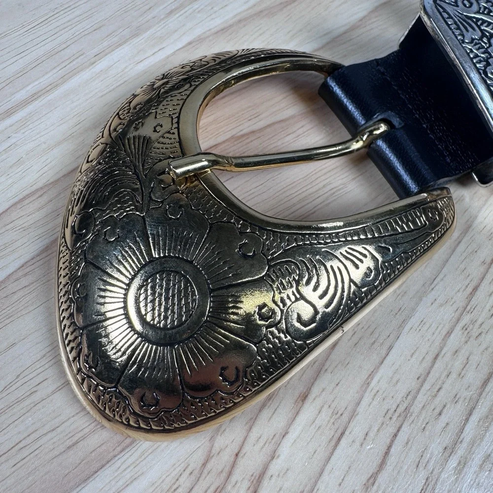 Streets Ahead Ariel Belt XS Black Italian Leather Engraved Solid Brass Two Tone